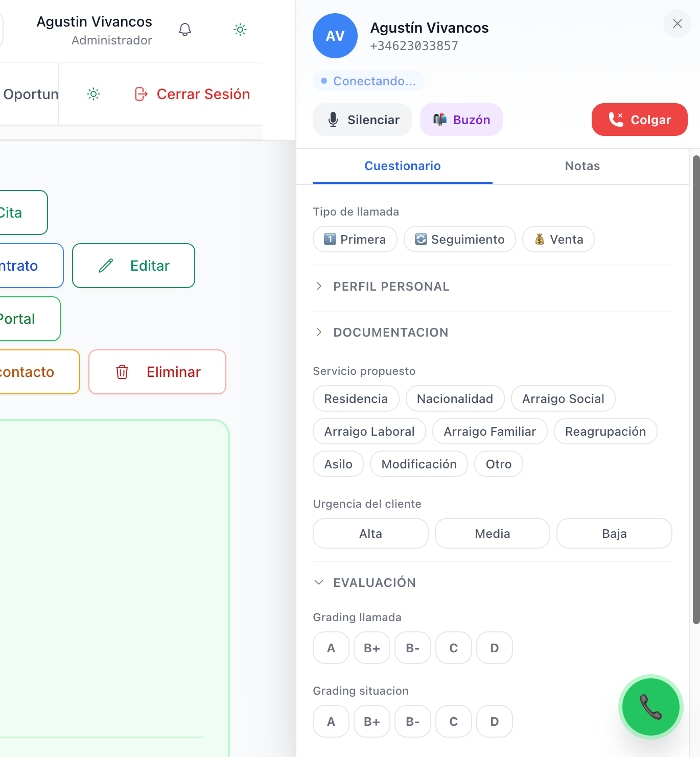 Migro CRM call panel with structured intake questionnaire.