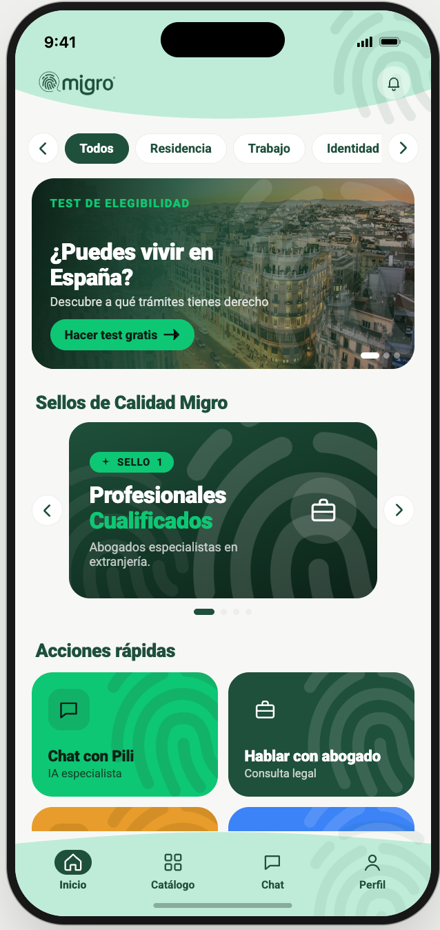 Migro mobile app home with eligibility test and Pili chat entry.